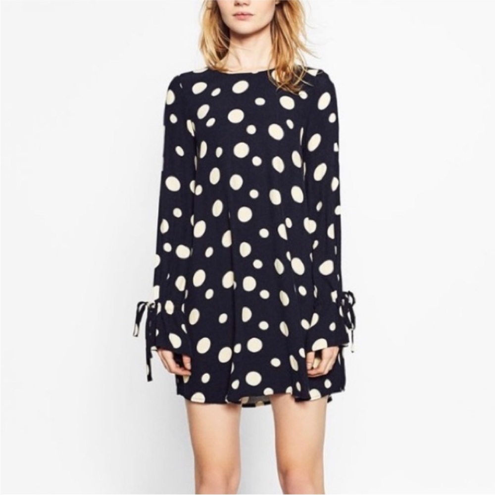 Zara blue and cream polka dot long sleeve dress